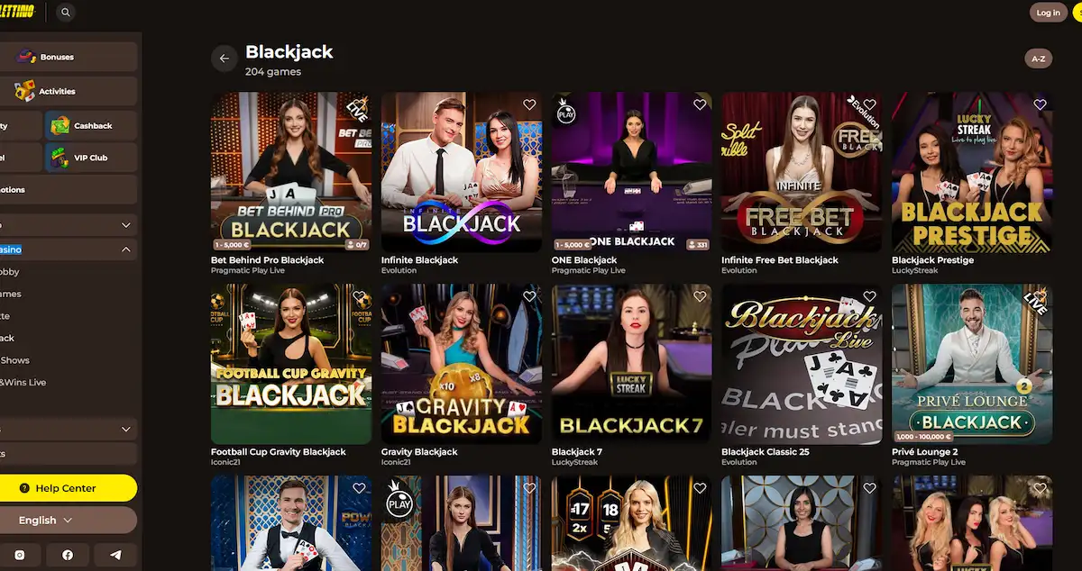 Blackjack-Tisch bei Roulettino mit Kartenausgabe und Live-Dealer