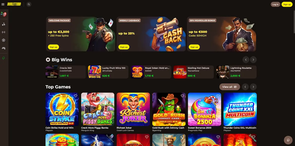 Übersicht der Casino-Lobby von Roulettino mit Slots, Tischspielen und Jackpot-Kategorien