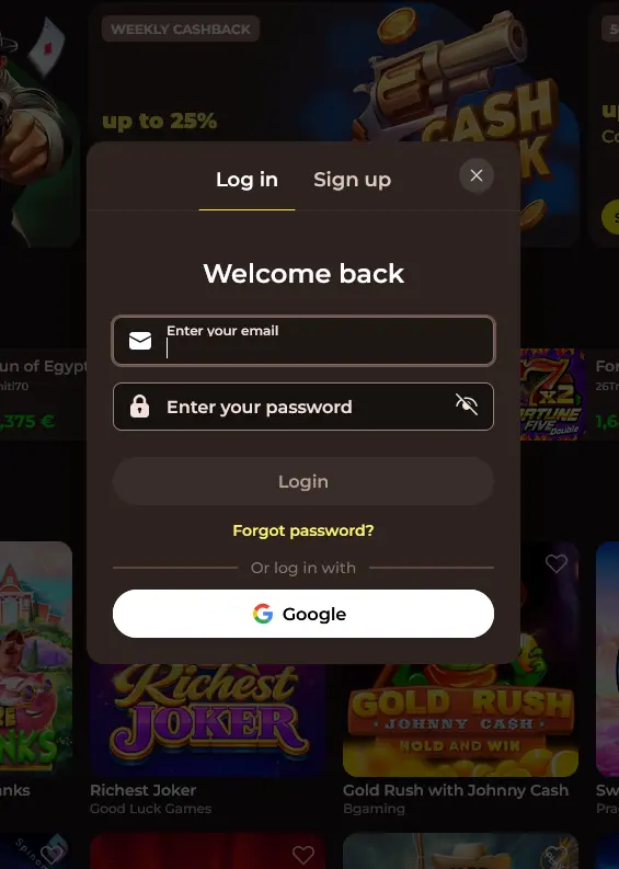 Login-Bildschirm von Roulettino mit Feldern für E-Mail und Passwort