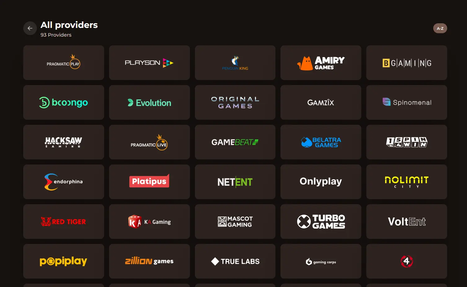Logos der Spieleanbieter im Roulettino-Katalog, darunter Pragmatic Play und Evolution Gaming