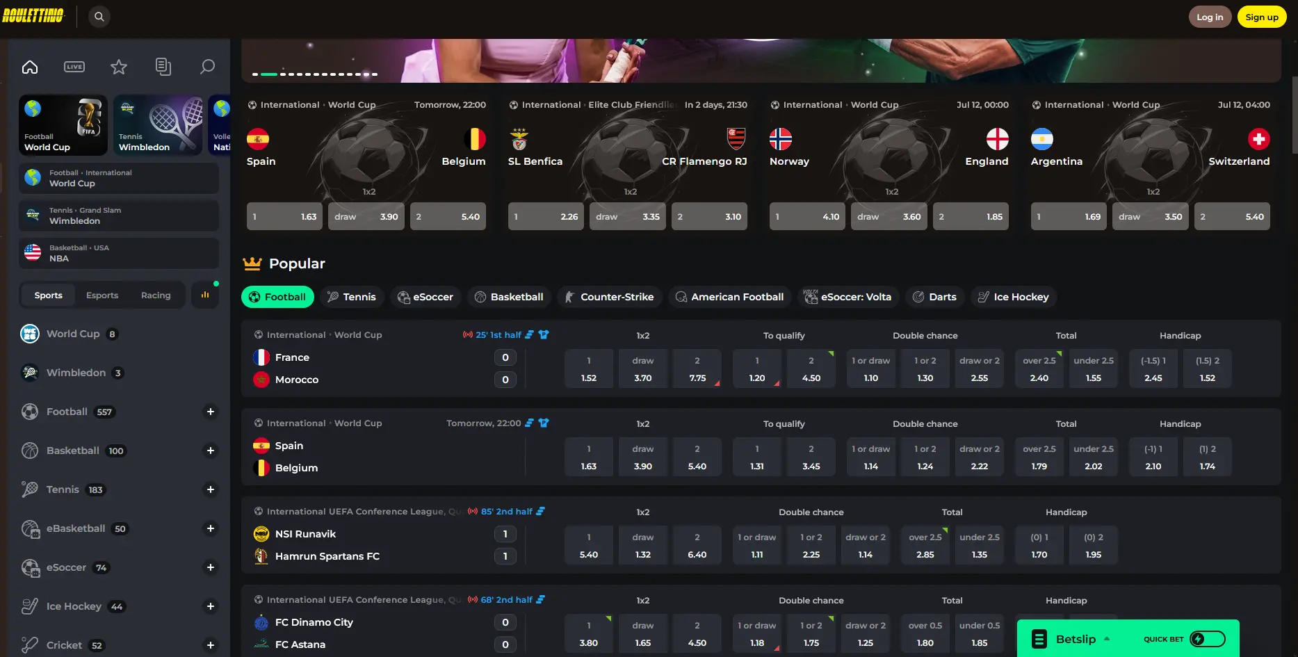 Sportwetten-Bereich von Roulettino mit Live-Quoten und Event Builder